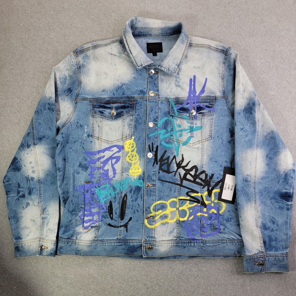 MacKeen Jacket Mens 3XL Blue Denim Graffiti Bomber Hip Hop MK300 Kenny